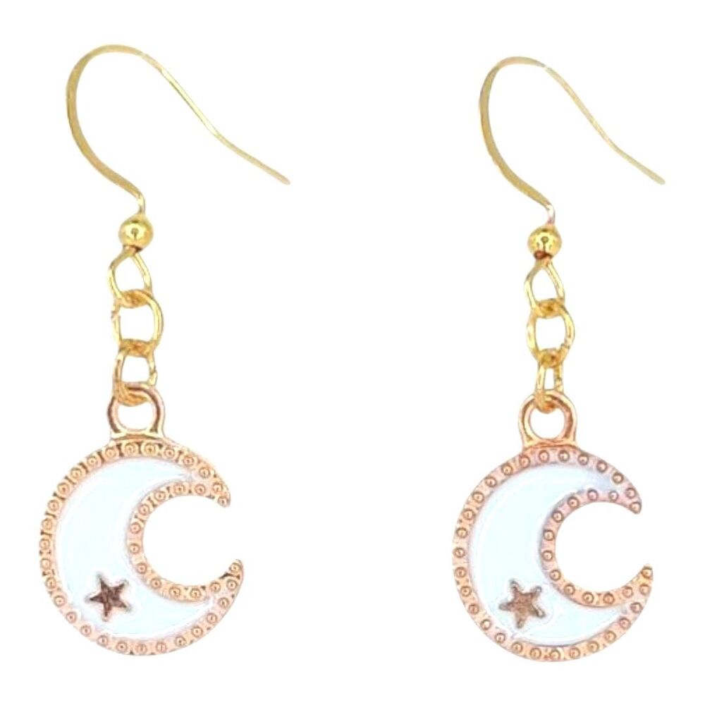 White Moon Earrings Fashion Jewelry Dangle Celestial Night Sky Star